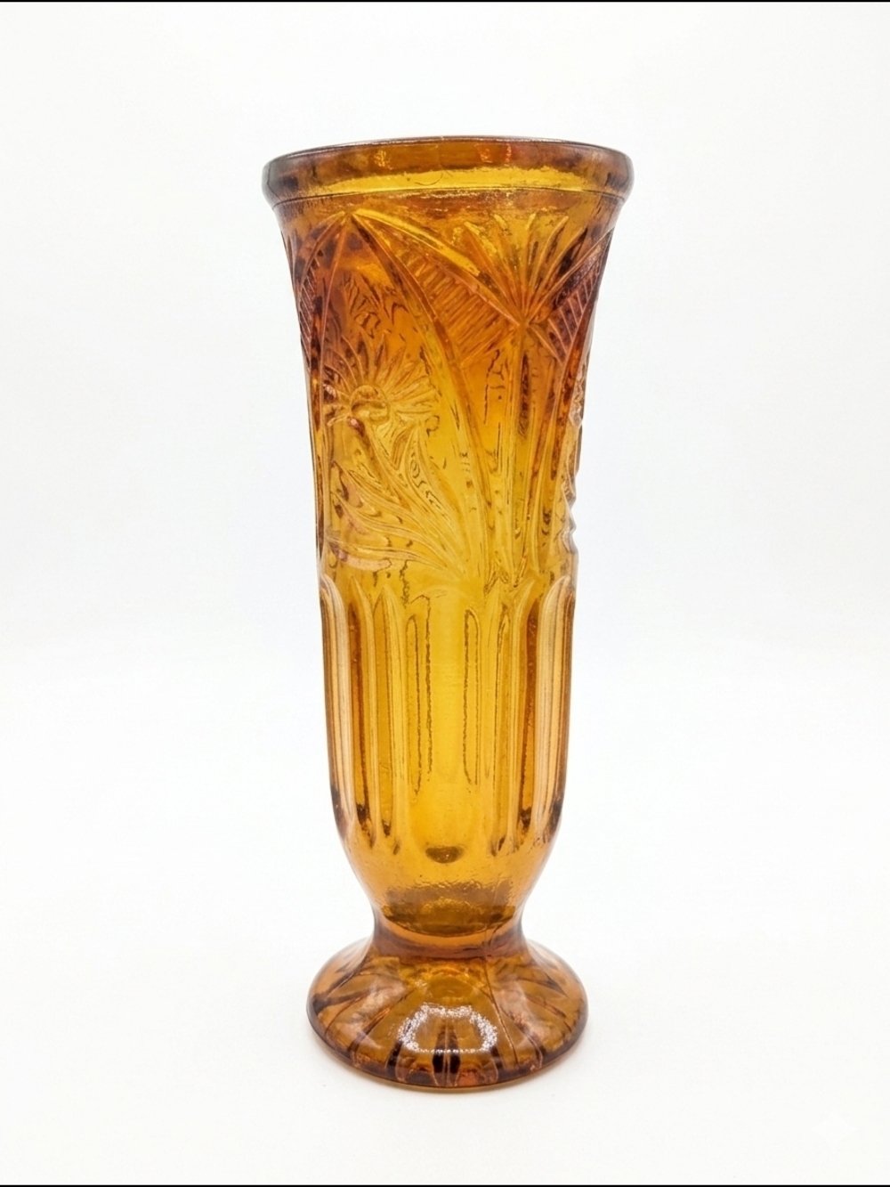 Amber Pressed Glass Vase - Tall Fluted Design